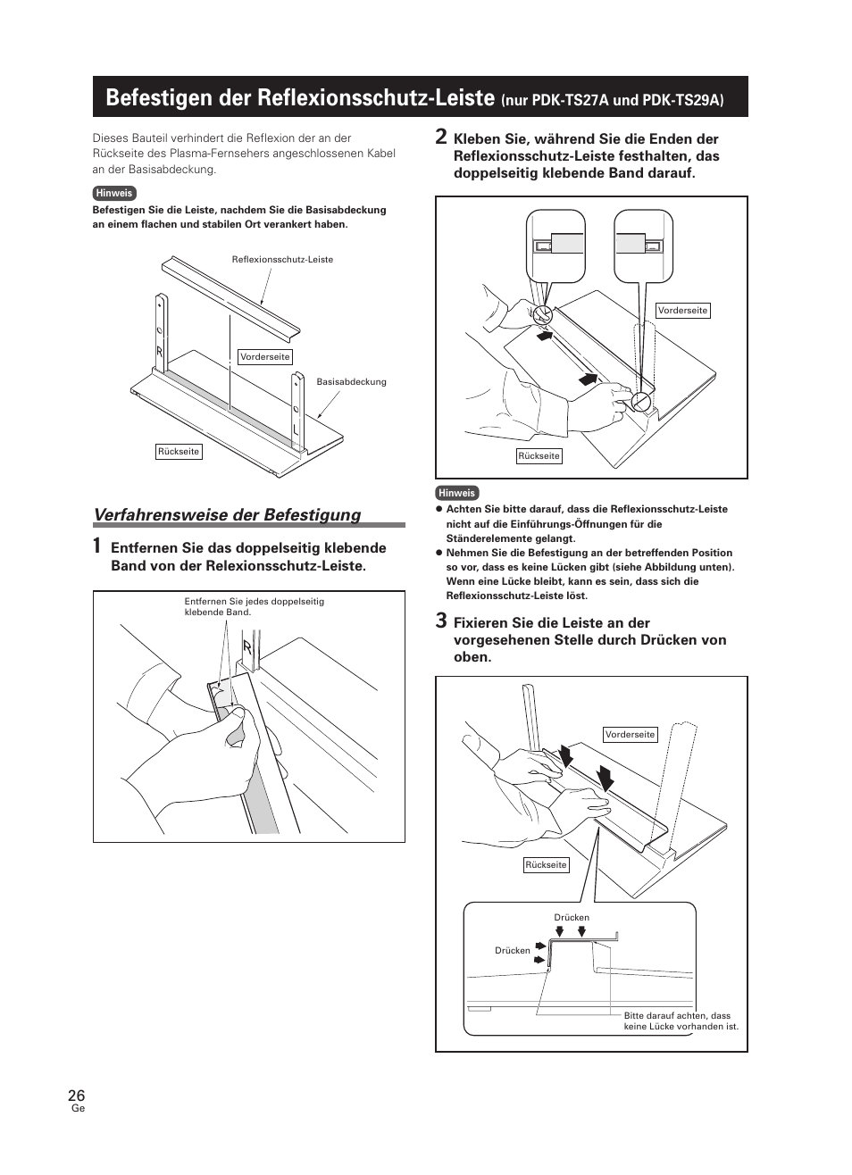 Befestigen der reflexionsschutz-leiste, Nur pdk-ts27a und pdk-ts29a), Verfahrensweise der befestigung | Pioneer PDK-TS27 User Manual | Page 26 / 64