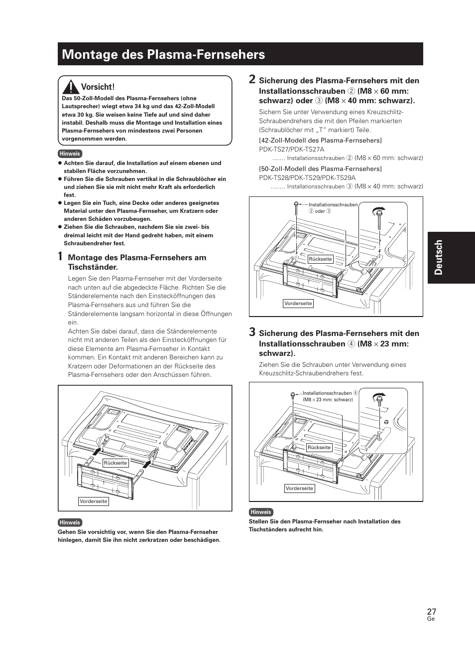 Montage des plasma-fernsehers, Deutsch, Vorsicht | Pioneer PDK-TS27 User Manual | Page 27 / 64