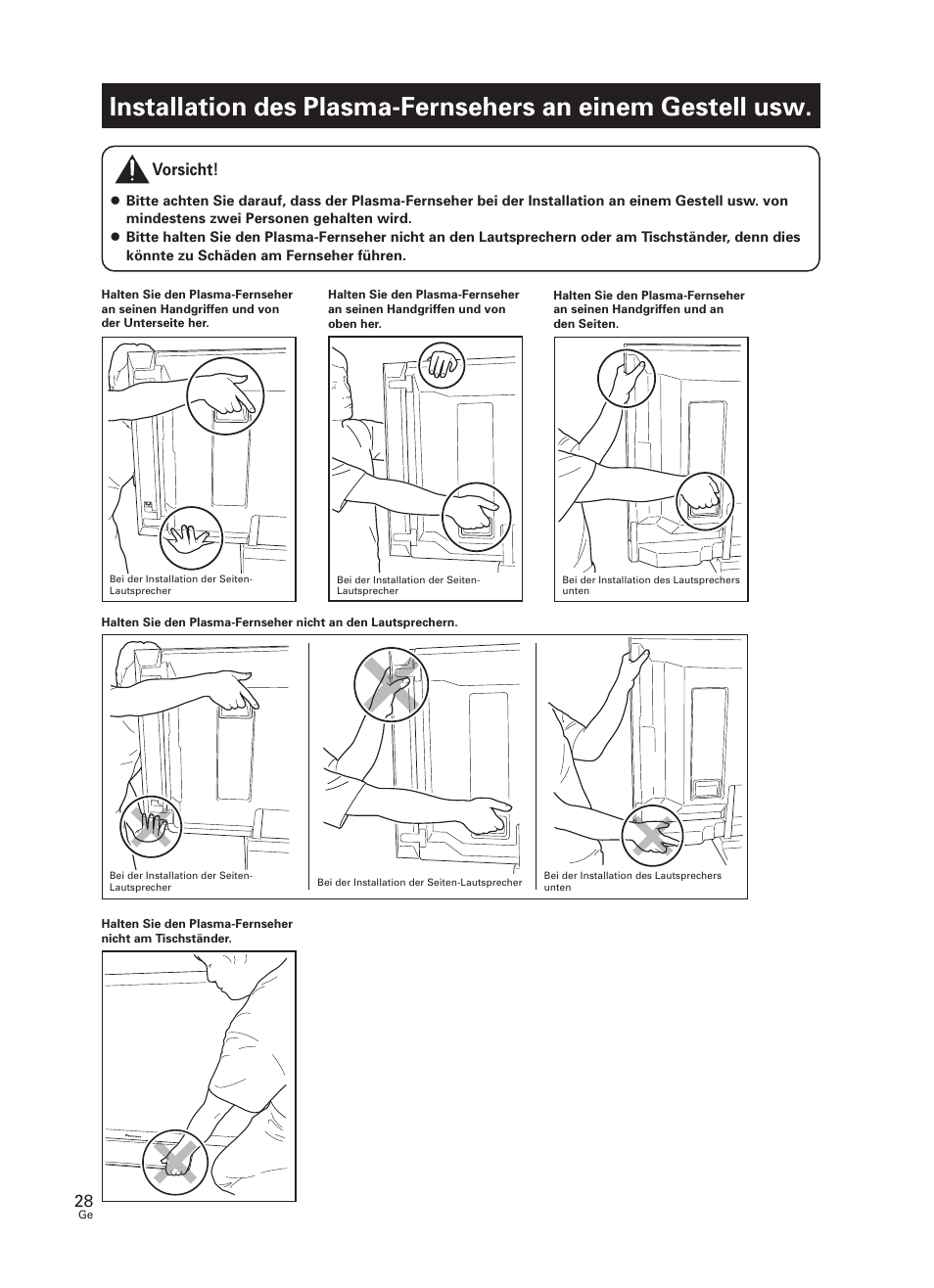 Installation des plasma-fernsehers an einem, Gestell usw, Vorsicht | Pioneer PDK-TS27 User Manual | Page 28 / 64