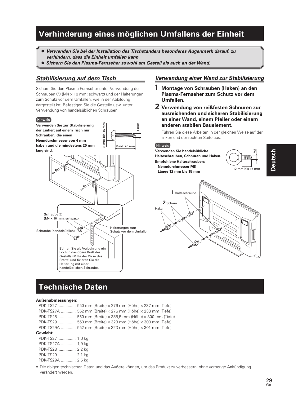 Verhinderung eines möglichen umfallens der, Einheit, Technische daten | Verhinderung eines möglichen umfallens der einheit, Deutsch, Stabilisierung auf dem tisch, Verwendung einer wand zur stabilisierung | Pioneer PDK-TS27 User Manual | Page 29 / 64