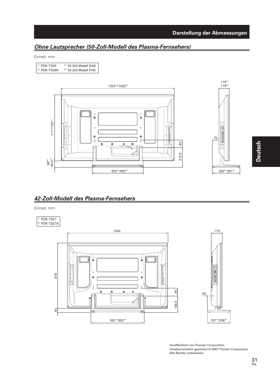Deutsch, Zoll-modell des plasma-fernsehers, Darstellung der abmessungen | Einheit: mm | Pioneer PDK-TS27 User Manual | Page 31 / 64