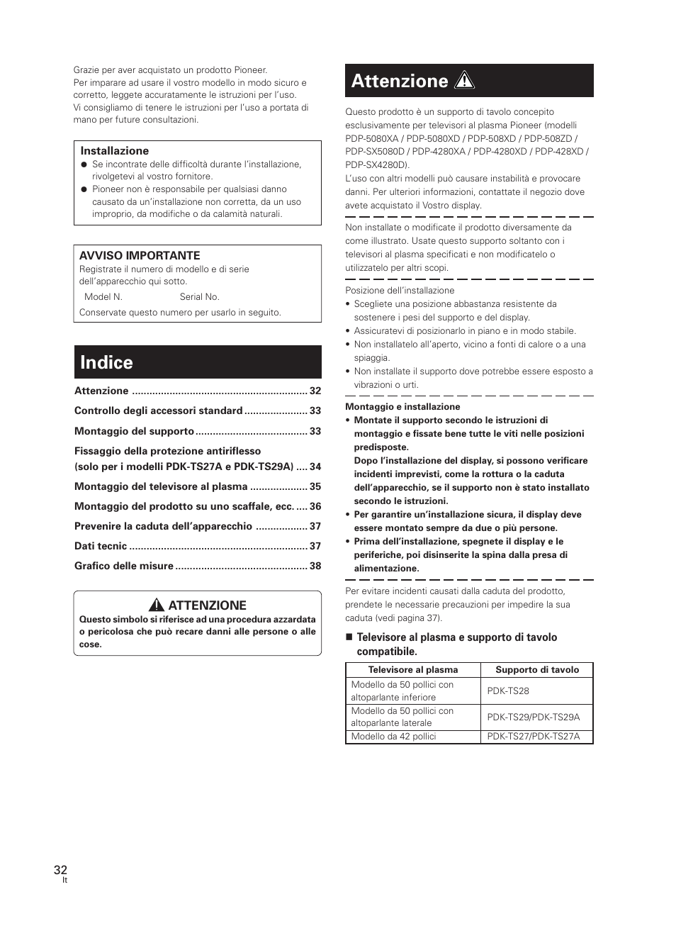 Istruzioni di utilizzo, Supporto di tavolo, Indice | Attenzione | Pioneer PDK-TS27 User Manual | Page 32 / 64