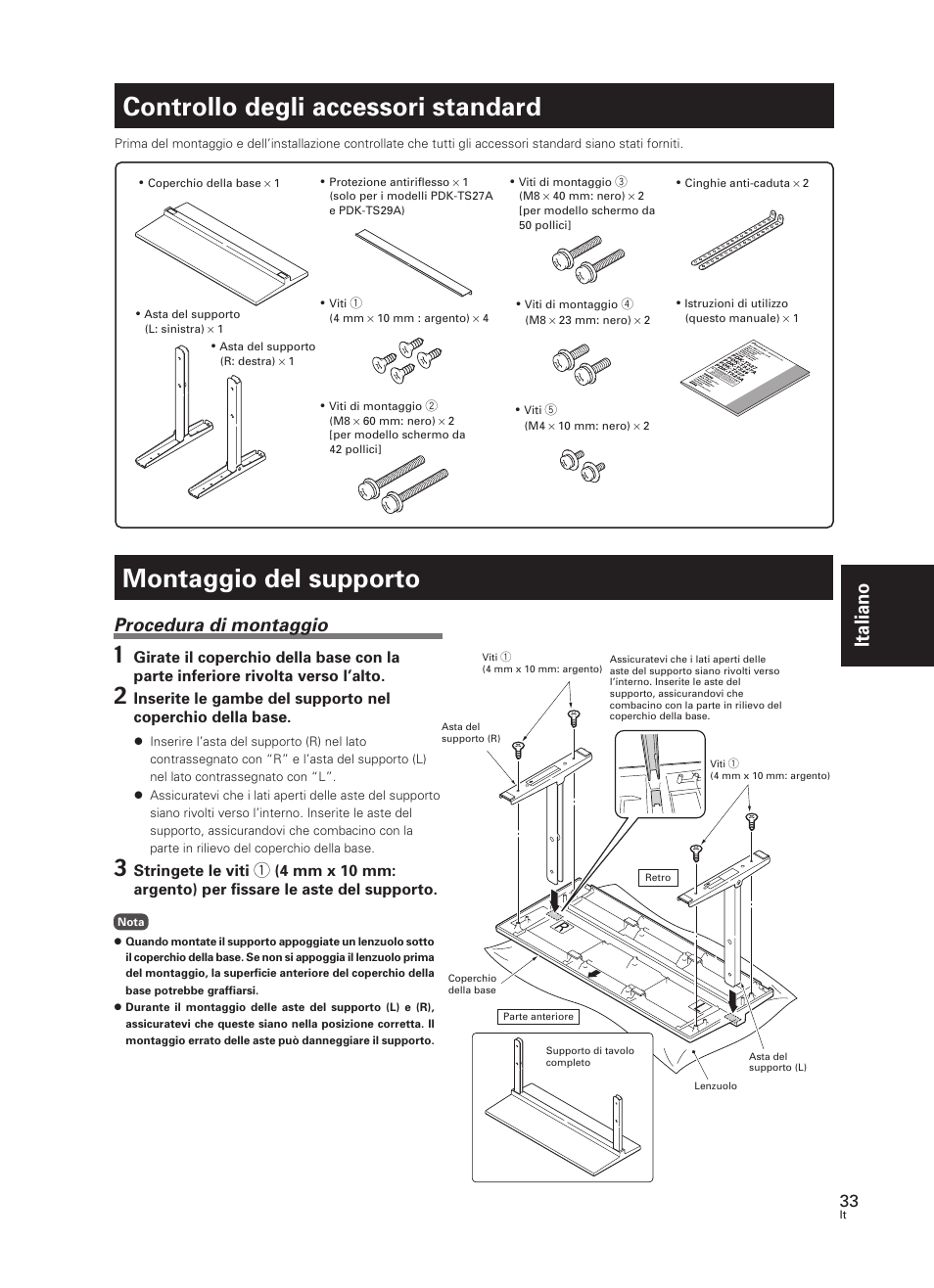 Controllo degli accessori standard, Montaggio del supporto, Italiano | Procedura di montaggio | Pioneer PDK-TS27 User Manual | Page 33 / 64