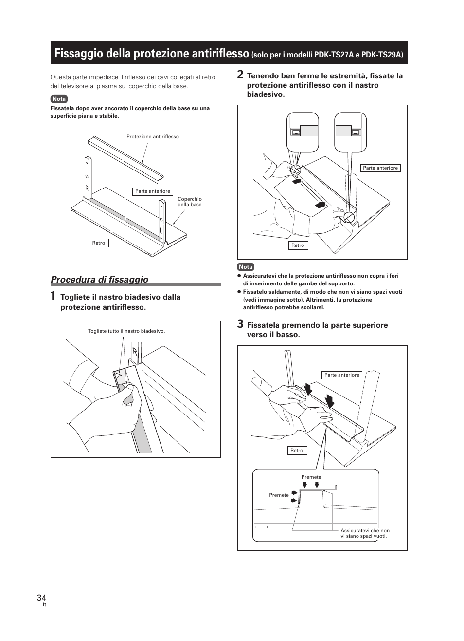 Fissaggio della protezione antiriflesso, Solo per i modelli pdk-ts27a e pdk-ts29a), Procedura di fissaggio | Pioneer PDK-TS27 User Manual | Page 34 / 64