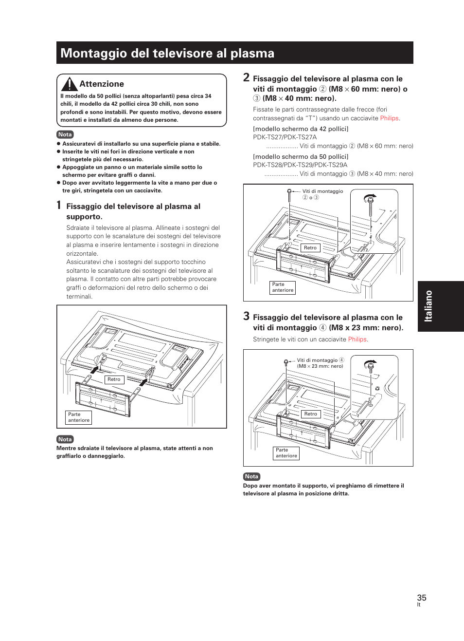 Montaggio del televisore al plasma, Italiano, Attenzione | Pioneer PDK-TS27 User Manual | Page 35 / 64