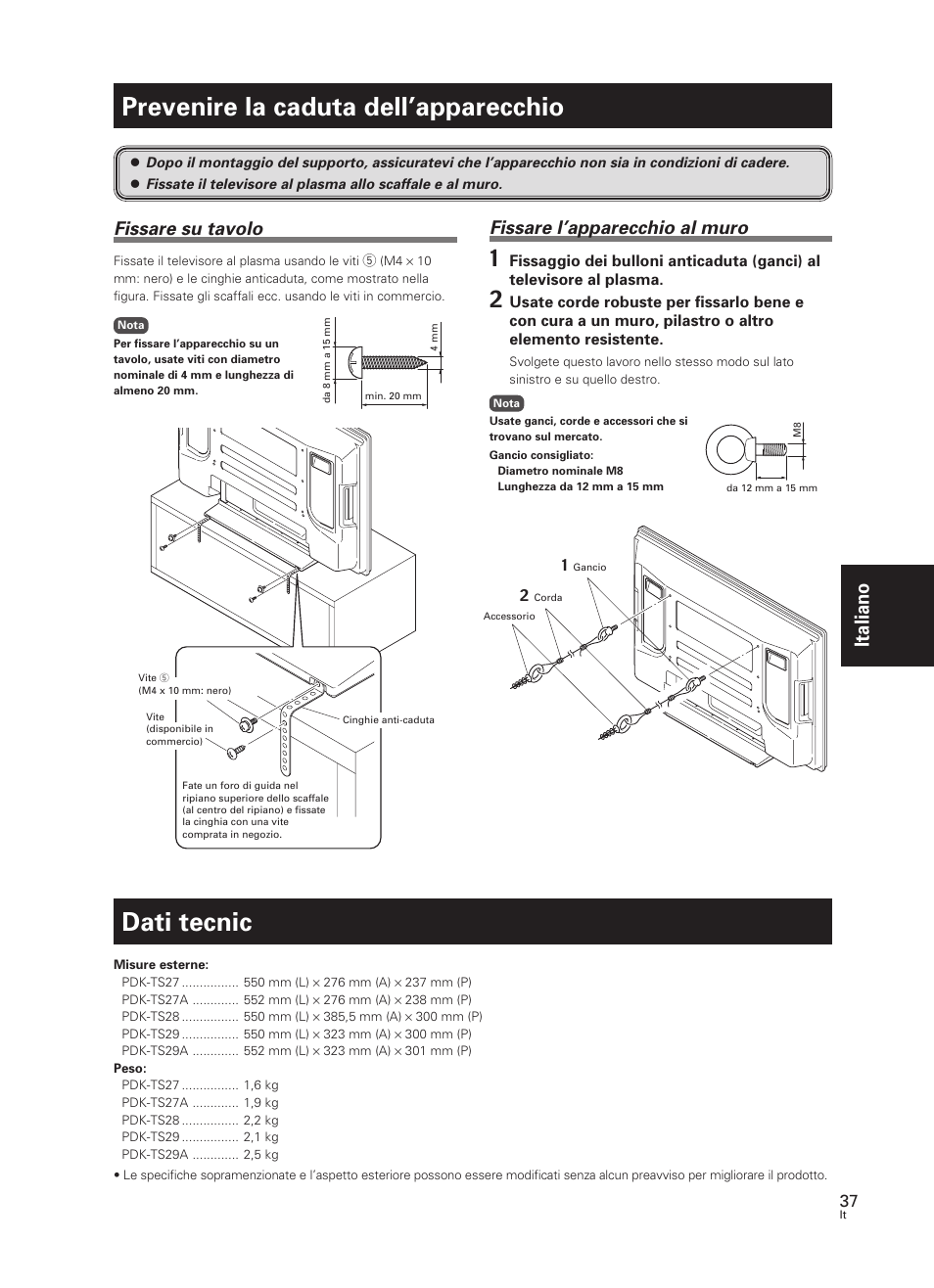 Prevenire la caduta dell’apparecchio, Dati tecnic, Italiano | Fissare su tavolo, Fissare l’apparecchio al muro | Pioneer PDK-TS27 User Manual | Page 37 / 64
