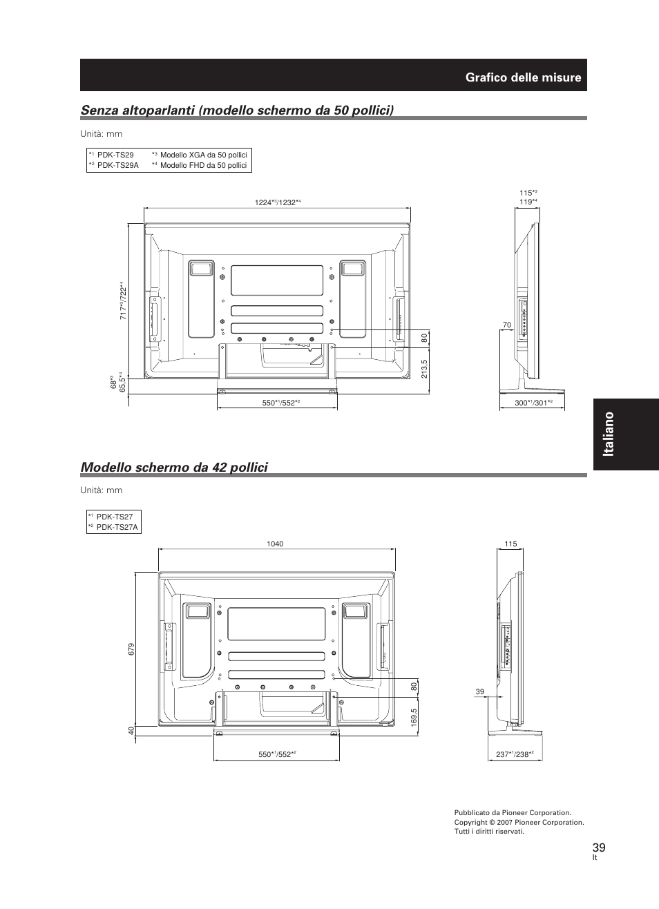 Italiano, Modello schermo da 42 pollici, Senza altoparlanti (modello schermo da 50 pollici) | Grafico delle misure, Unità: mm | Pioneer PDK-TS27 User Manual | Page 39 / 64