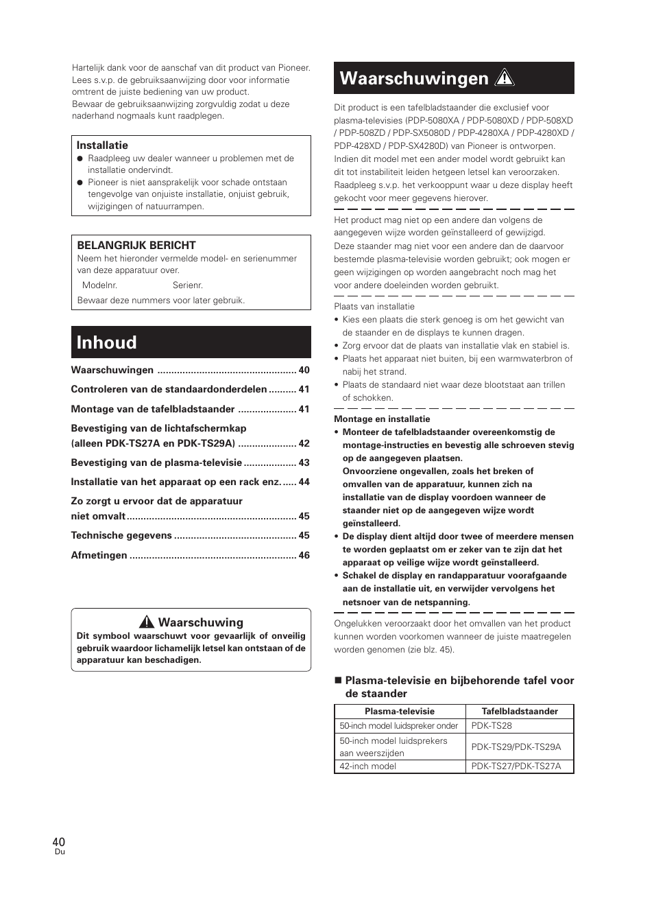 Handleiding, Tafelbladstaander, Inhoud | Waarschuwingen | Pioneer PDK-TS27 User Manual | Page 40 / 64