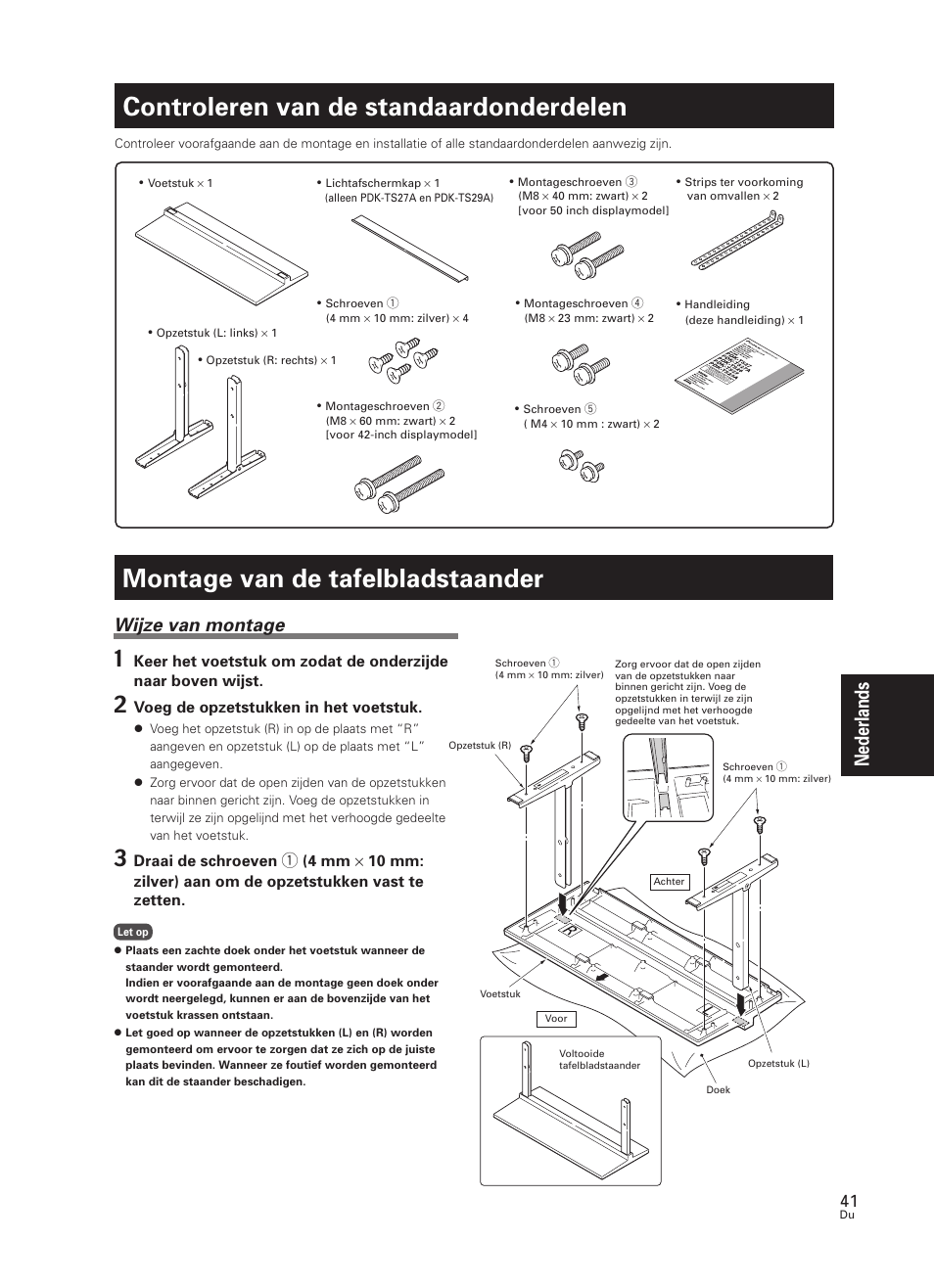 Controleren van de standaardonderdelen, Montage van de tafelbladstaander, Nederlands | Wijze van montage | Pioneer PDK-TS27 User Manual | Page 41 / 64