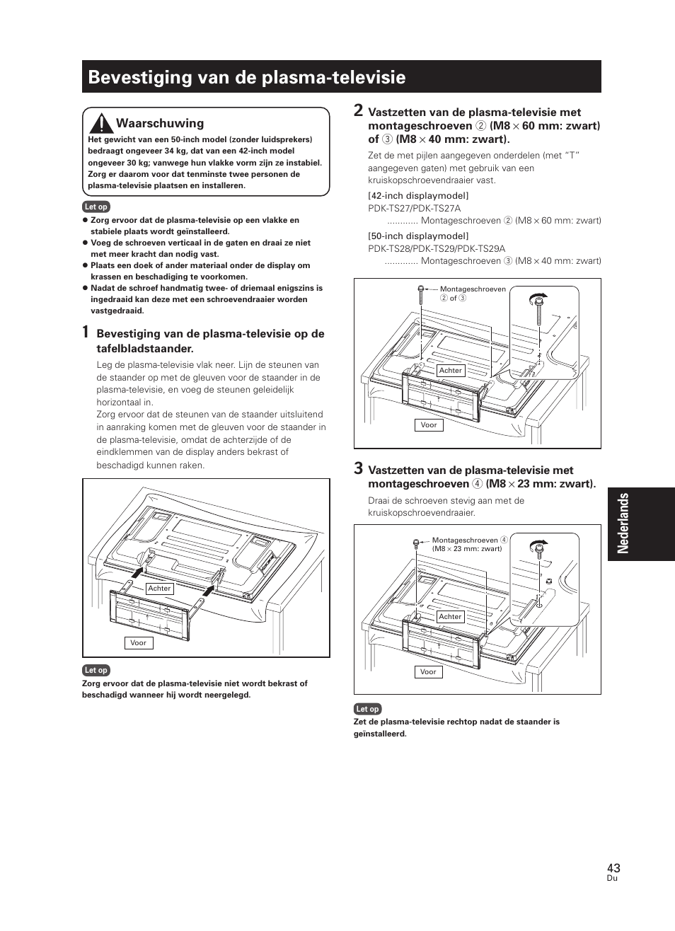 Bevestiging van de plasma-televisie, Nederlands, Waarschuwing | Pioneer PDK-TS27 User Manual | Page 43 / 64