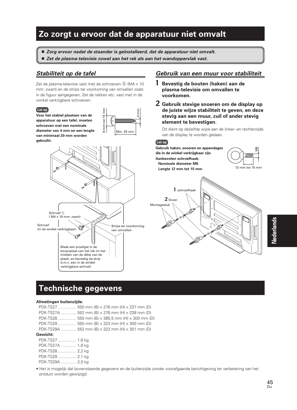 Zo zorgt u ervoor dat de apparatuur, Niet omvalt, Technische gegevens | Zo zorgt u ervoor dat de apparatuur niet omvalt, Nederlands, Stabiliteit op de tafel, Gebruik van een muur voor stabiliteit | Pioneer PDK-TS27 User Manual | Page 45 / 64
