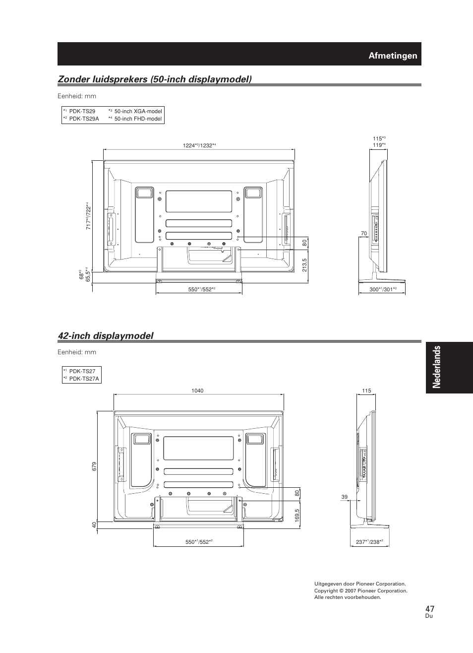 Nederlands, Inch displaymodel, Zonder luidsprekers (50-inch displaymodel) | Afmetingen, Eenheid: mm | Pioneer PDK-TS27 User Manual | Page 47 / 64