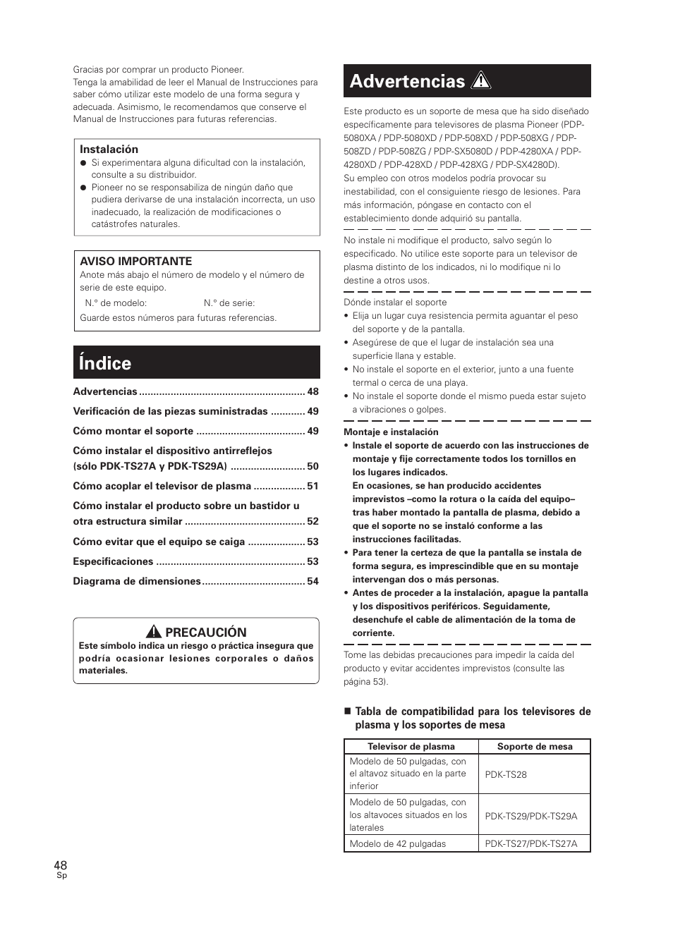 Manual de instrucciones, Soporte de mesa, Índice | Advertencias | Pioneer PDK-TS27 User Manual | Page 48 / 64