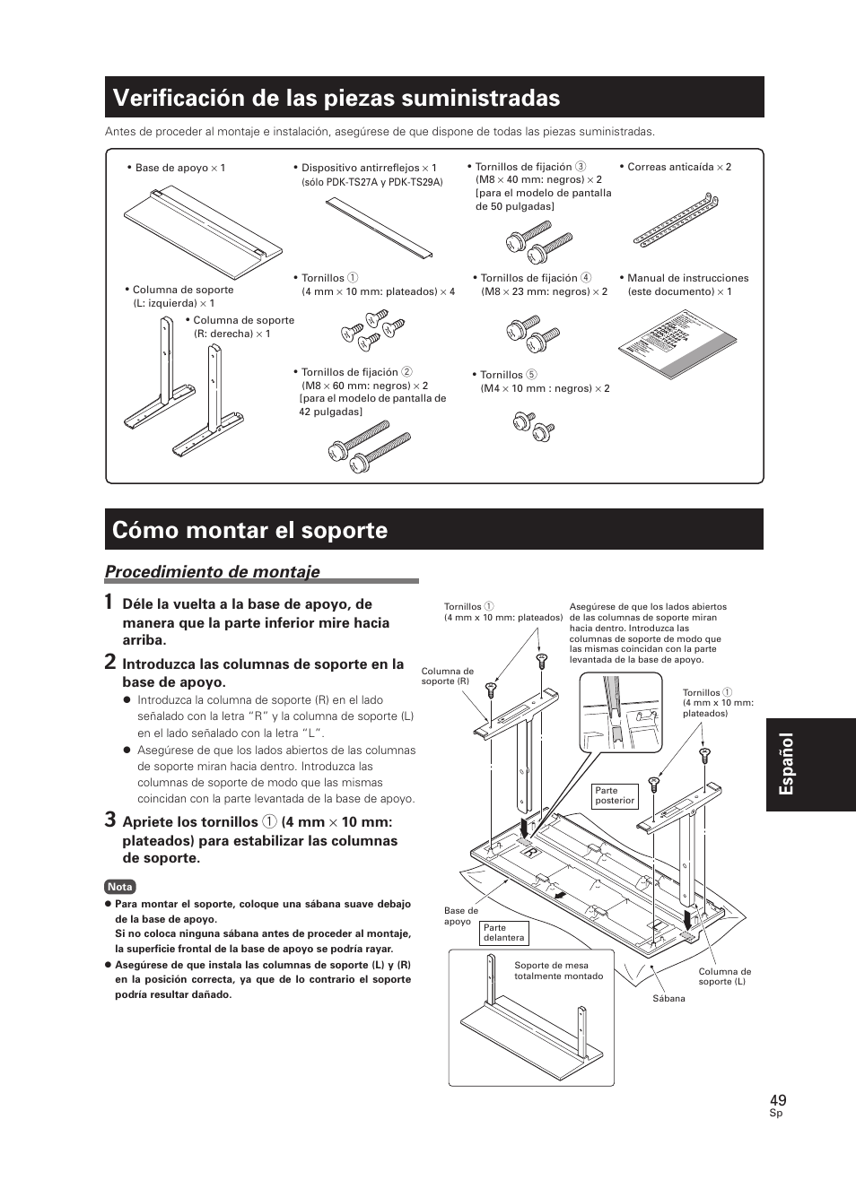 Verificación de las piezas suministradas, Cómo montar el soporte, Español | Procedimiento de montaje | Pioneer PDK-TS27 User Manual | Page 49 / 64