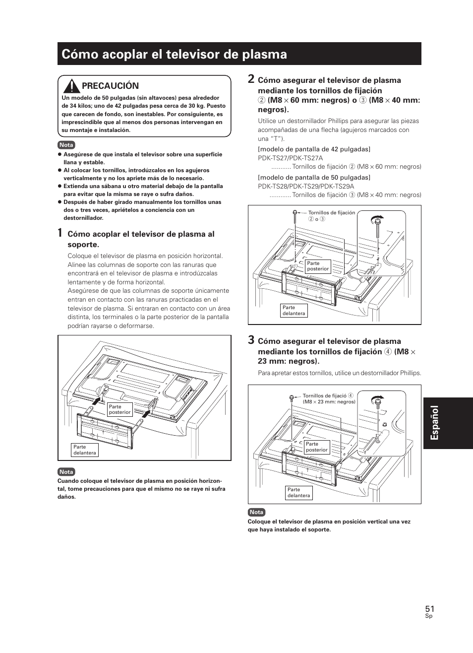 Cómo acoplar el televisor de plasma, Espa ñ ol | Pioneer PDK-TS27 User Manual | Page 51 / 64