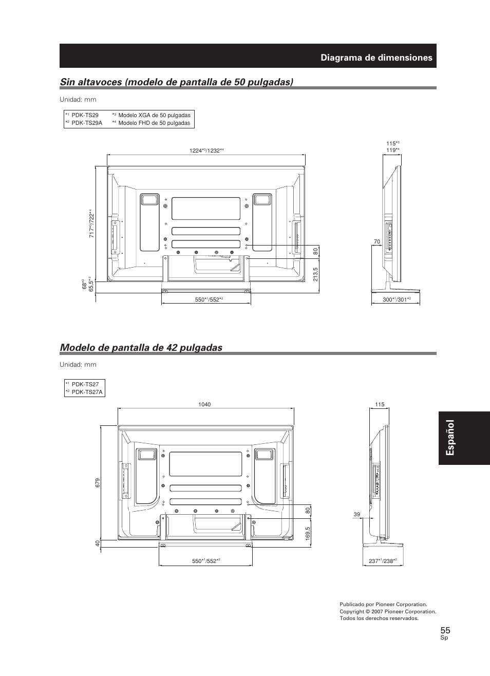 Español, Modelo de pantalla de 42 pulgadas, Sin altavoces (modelo de pantalla de 50 pulgadas) | Diagrama de dimensiones, Unidad: mm | Pioneer PDK-TS27 User Manual | Page 55 / 64