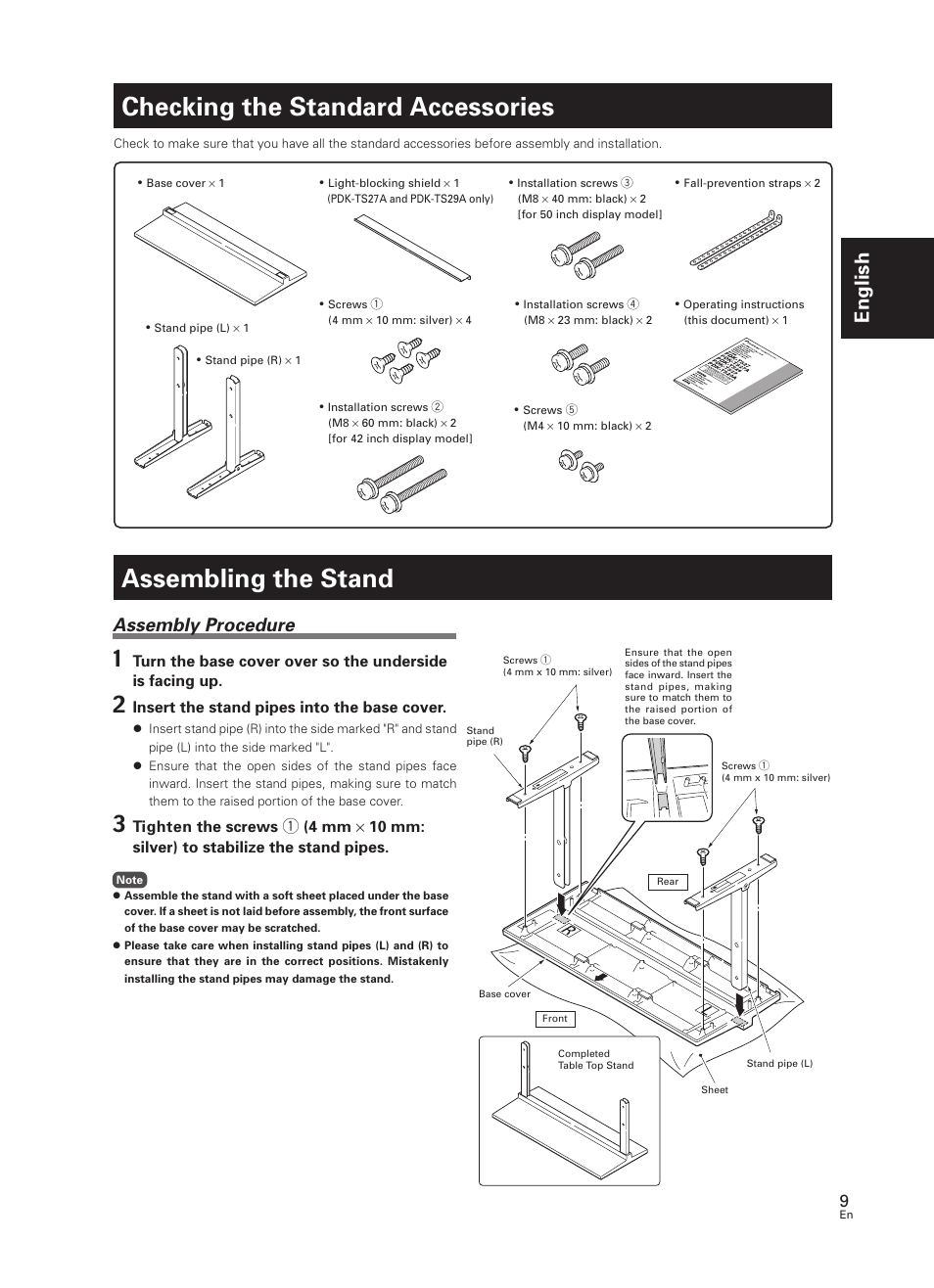 Checking the standard accessories, Assembling the stand, English | Assembly procedure | Pioneer PDK-TS27 User Manual | Page 9 / 64