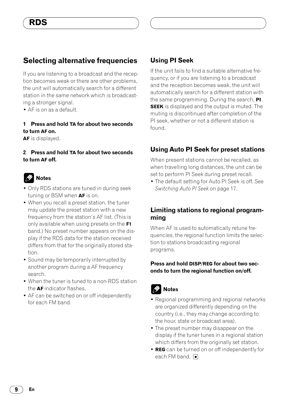 Selecting alternative frequencies 9, Using pi seek 9 • using auto pi seek for preset, Stations 9 | Limiting stations to regional program, Ming 9, Selecting alternative frequencies | Pioneer DEH-2460R User Manual | Page 10 / 124