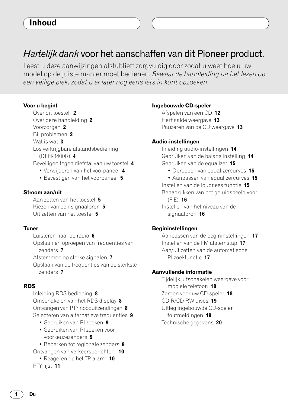 Inhoud | Pioneer DEH-2460R User Manual | Page 102 / 124