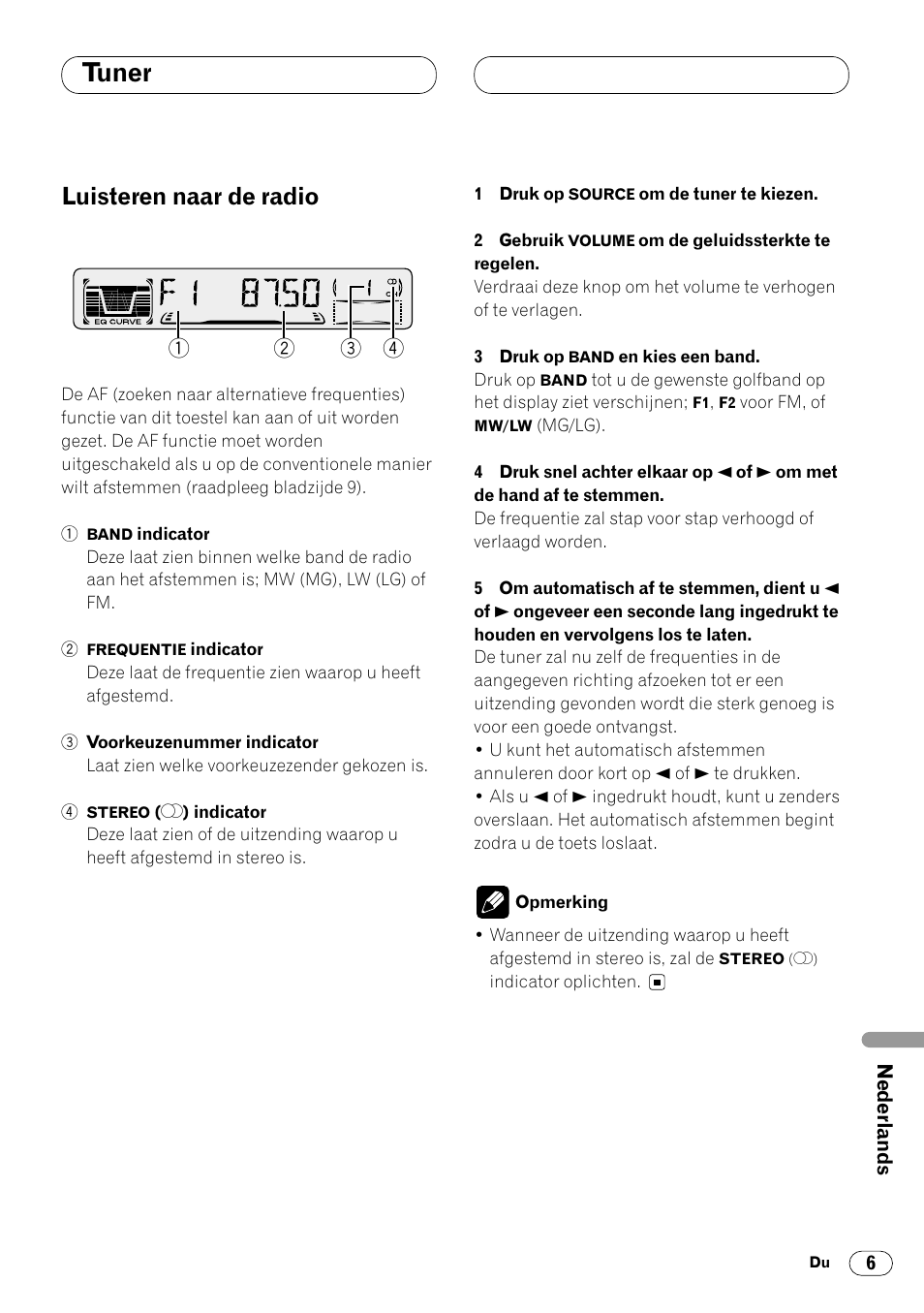 Tuner, Luisteren naar de radio 6, Luisteren naar de radio | Pioneer DEH-2460R User Manual | Page 107 / 124
