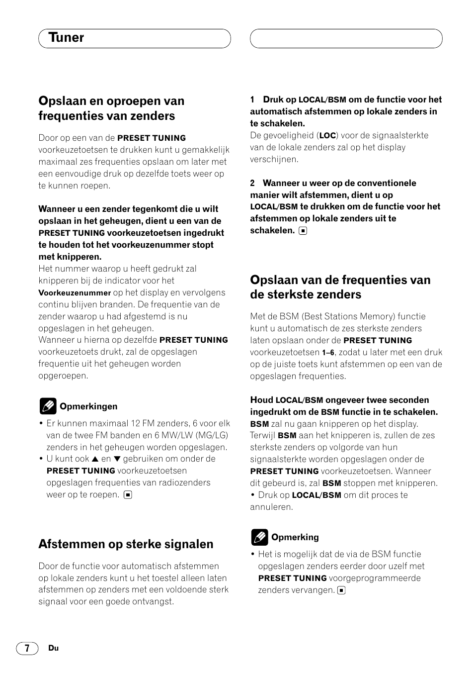 Opslaan en oproepen van frequenties van, Zenders 7, Tuner | Opslaan en oproepen van frequenties van zenders, Afstemmen op sterke signalen, Opslaan van de frequenties van de sterkste zenders | Pioneer DEH-2460R User Manual | Page 108 / 124