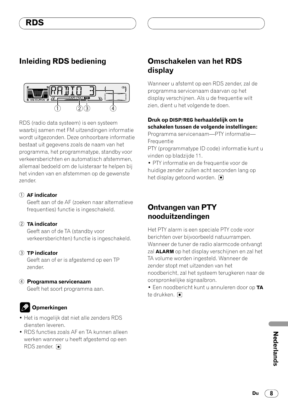 Inleiding rds bediening, Omschakelen van het rds display, Ontvangen van pty nooduitzendingen | Pioneer DEH-2460R User Manual | Page 109 / 124
