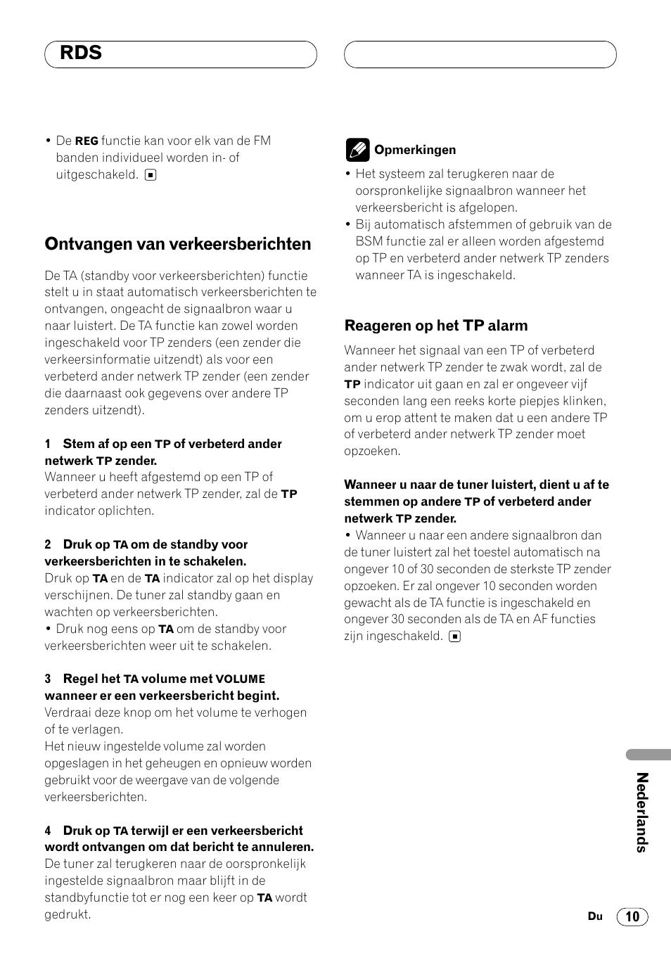 Ontvangen van verkeersberichten 10, Reageren op het tp alarm 10, Ontvangen van verkeersberichten | Pioneer DEH-2460R User Manual | Page 111 / 124