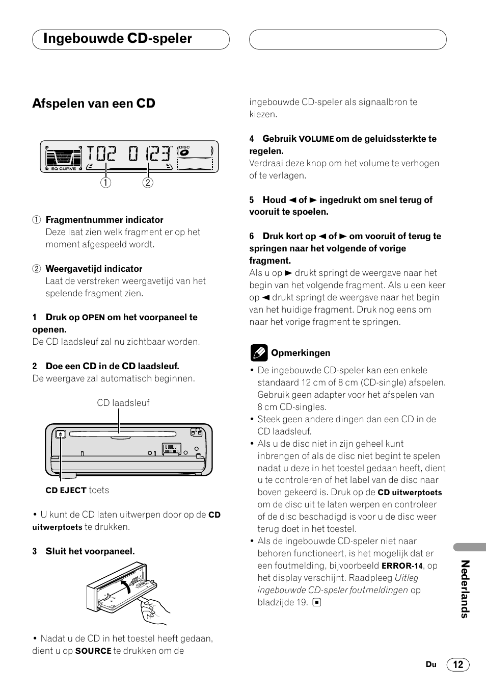 Ingebouwde cd-speler, Afspelen van een cd 12, Afspelen van een cd | Pioneer DEH-2460R User Manual | Page 113 / 124