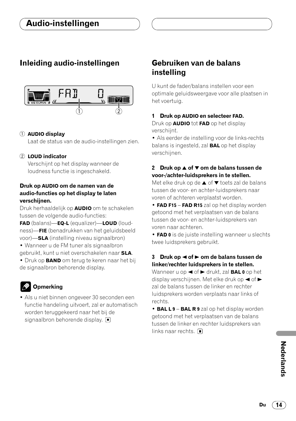 Audio-instellingen, Inleiding audio-instellingen, Gebruiken van de balans instelling | Pioneer DEH-2460R User Manual | Page 115 / 124