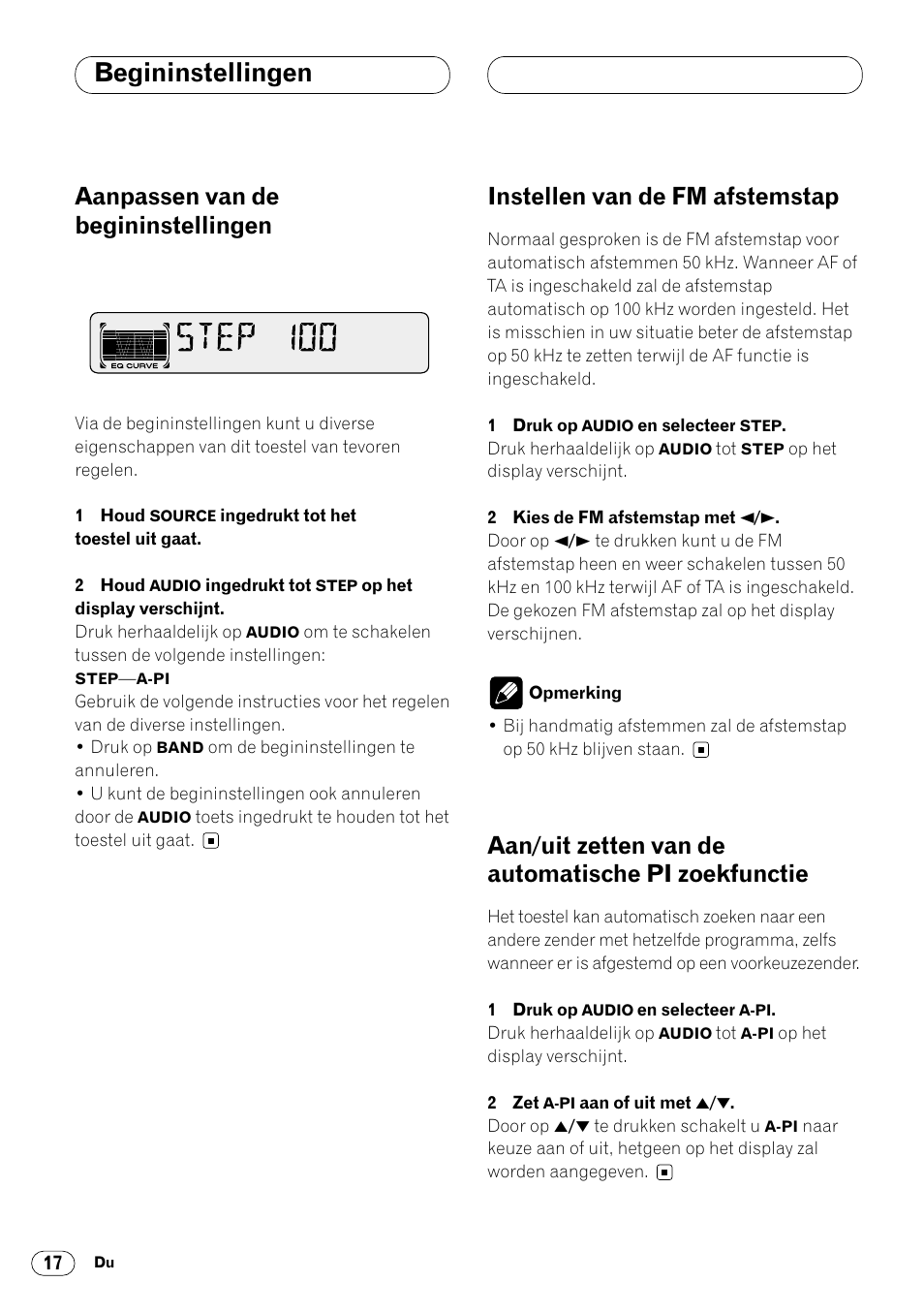 Begininstellingen, Pi zoekfunctie 17, Aanpassen van de begininstellingen | Instellen van de fm afstemstap, Aan/uit zetten van de automatische pi zoekfunctie | Pioneer DEH-2460R User Manual | Page 118 / 124