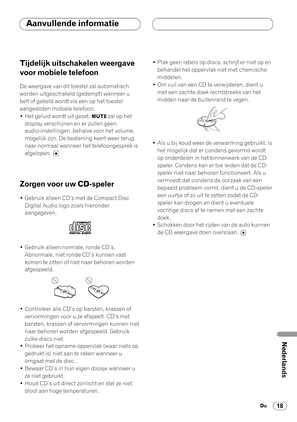 Aanvullende informatie, Tijdelijk uitschakelen weergave voor, Mobiele telefoon 18 | Zorgen voor uw cd-speler 18, Zorgen voor uw cd-speler | Pioneer DEH-2460R User Manual | Page 119 / 124