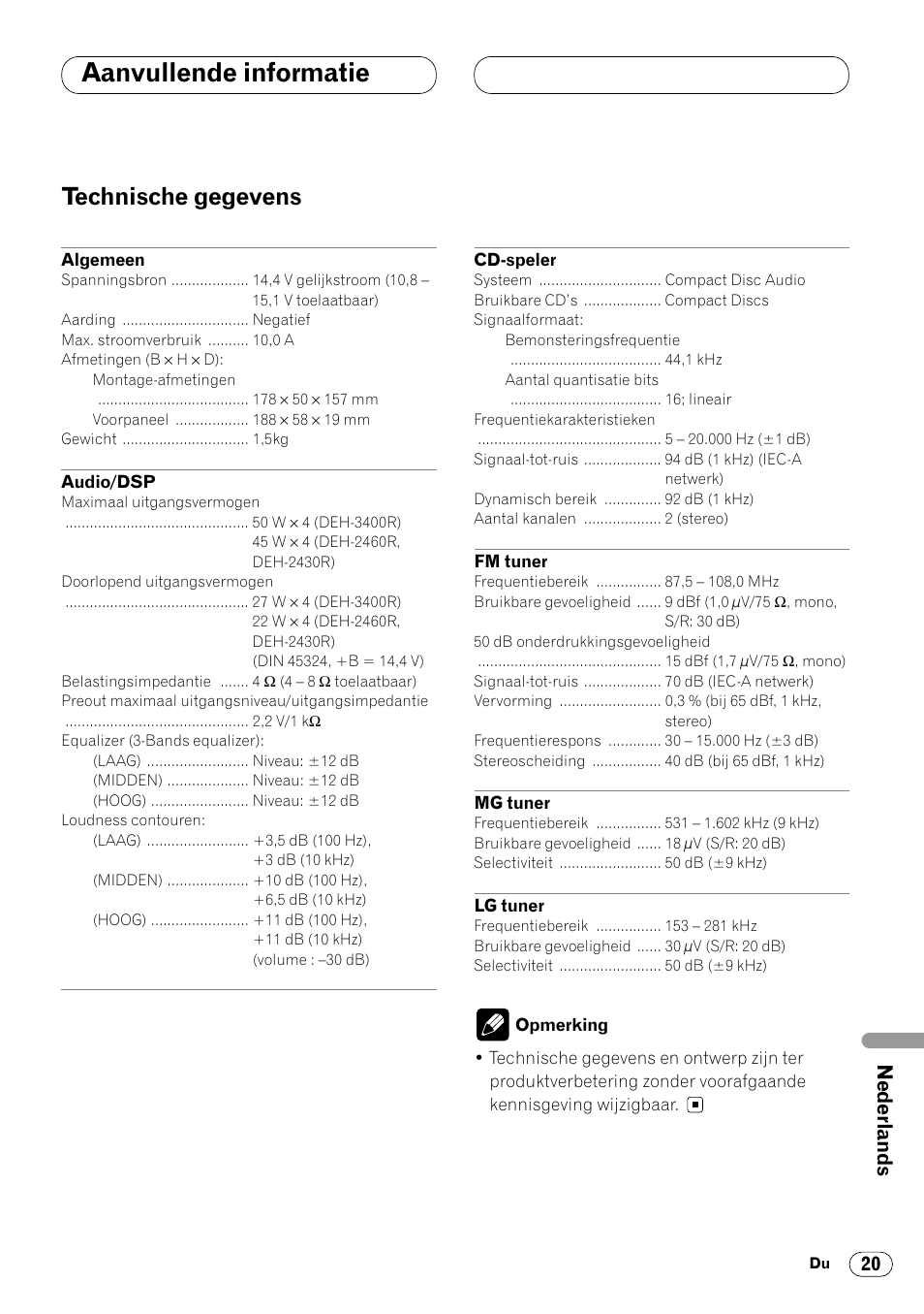 Technische gegevens 20, Aanvullende informatie, Technische gegevens | Pioneer DEH-2460R User Manual | Page 121 / 124