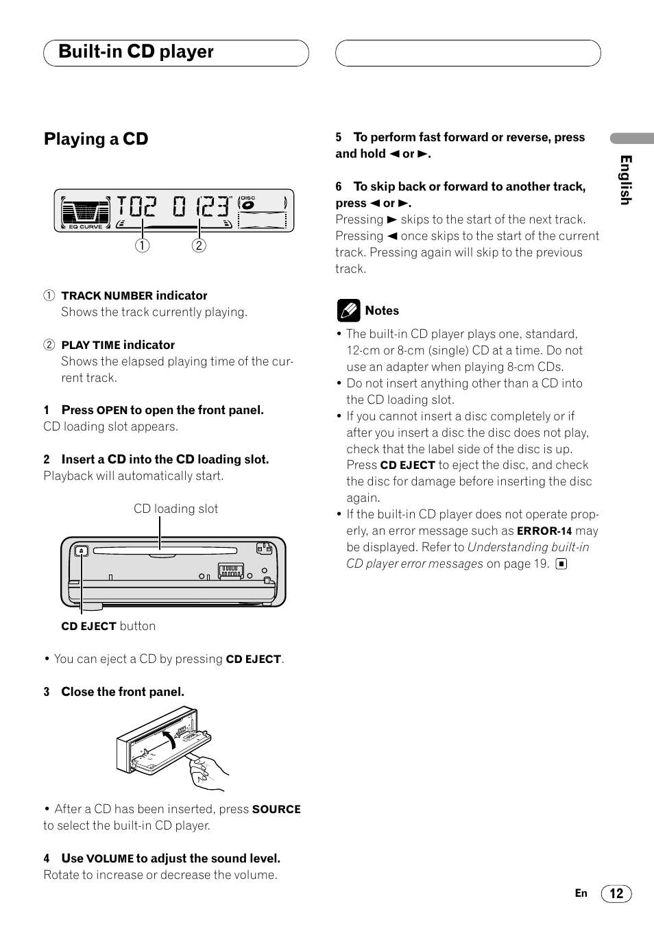 Built-in cd player, Playing a cd 12, Playing a cd | Pioneer DEH-2460R User Manual | Page 13 / 124