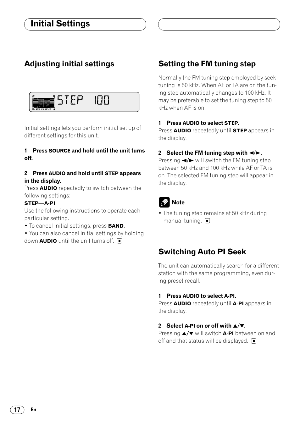 Initial settings, Adjusting initial settings, Setting the fm tuning step | Switching auto pi seek | Pioneer DEH-2460R User Manual | Page 18 / 124