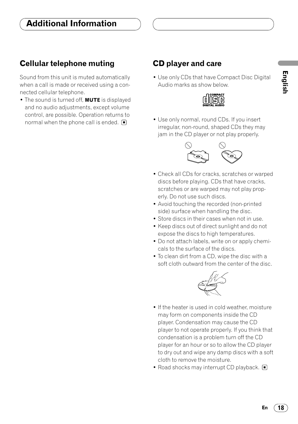 Additional information, Cellular telephone muting 18 cd player and care 18, Cellular telephone muting | Cd player and care | Pioneer DEH-2460R User Manual | Page 19 / 124