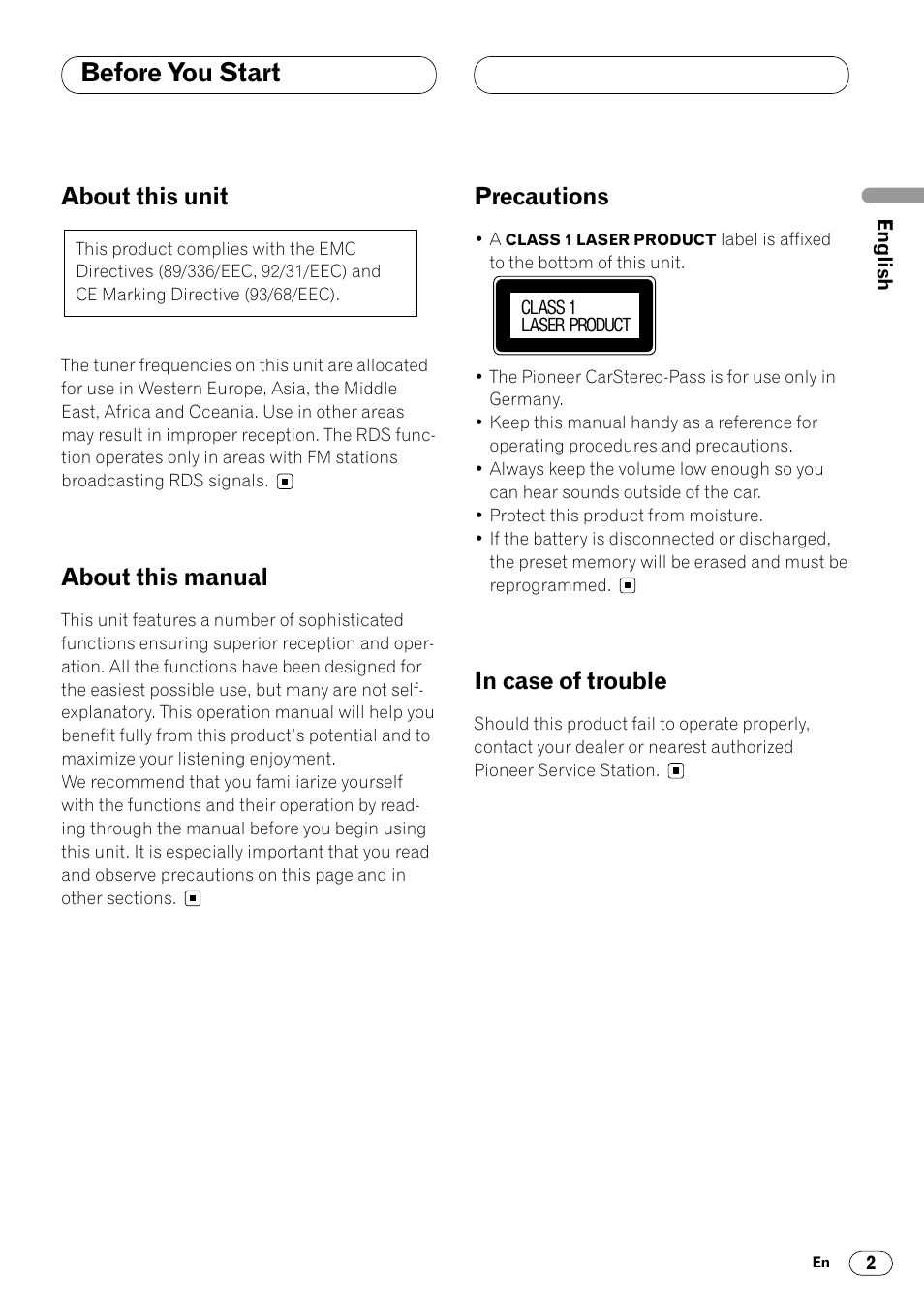 Before you start, About this unit, About this manual | Precautions | Pioneer DEH-2460R User Manual | Page 3 / 124