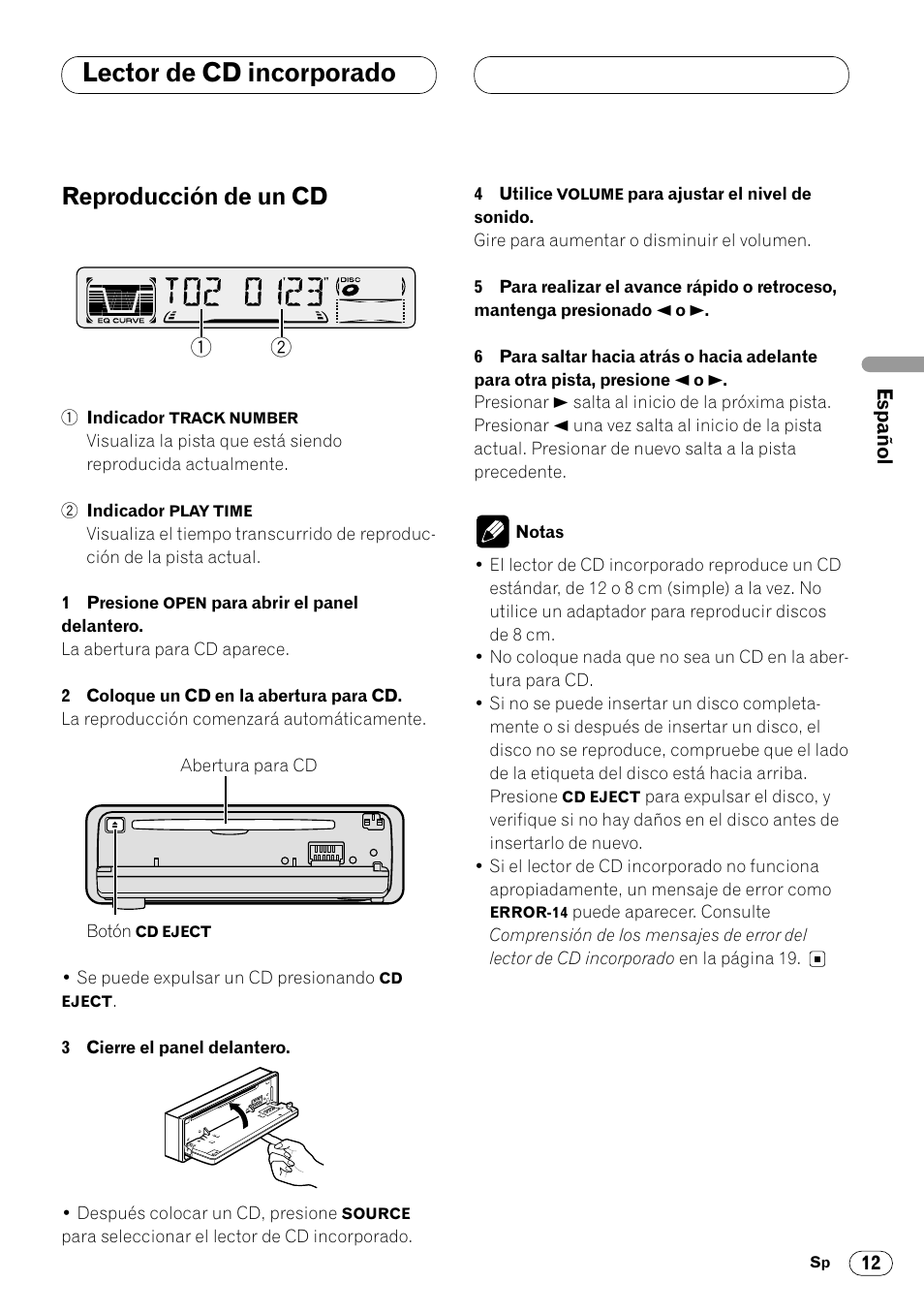 Lector de cd incorporado, Reproducción de un cd 12, Reproducción de un cd | Pioneer DEH-2460R User Manual | Page 33 / 124