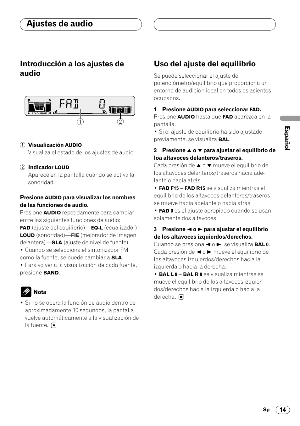 Ajustes de audio, Introducción a los ajustes de audio, Uso del ajuste del equilibrio | Pioneer DEH-2460R User Manual | Page 35 / 124