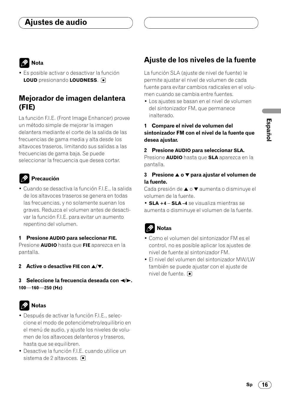 Ajustes de audio, Mejorador de imagen delantera (fie), Ajuste de los niveles de la fuente | Pioneer DEH-2460R User Manual | Page 37 / 124