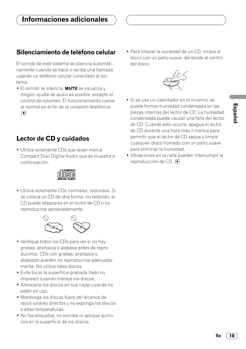 Informaciones adicionales, Silenciamiento de teléfono celular, Lector de cd y cuidados | Pioneer DEH-2460R User Manual | Page 39 / 124