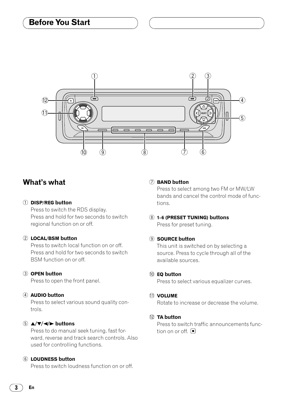 What’s what 3, Before you start, What’s what | Pioneer DEH-2460R User Manual | Page 4 / 124