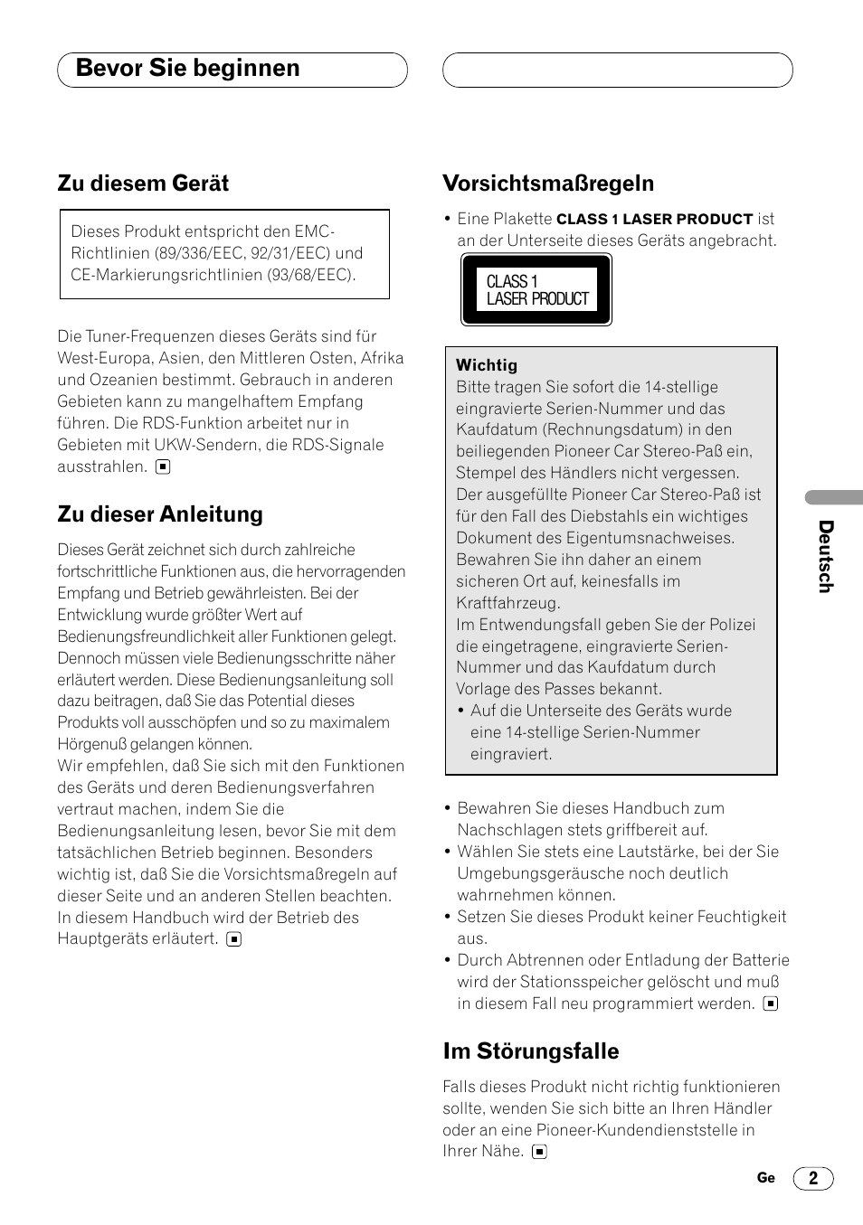 Bevor sie beginnen, Zu diesem gerät, Zu dieser anleitung | Vorsichtsmaßregeln, Im störungsfalle | Pioneer DEH-2460R User Manual | Page 43 / 124