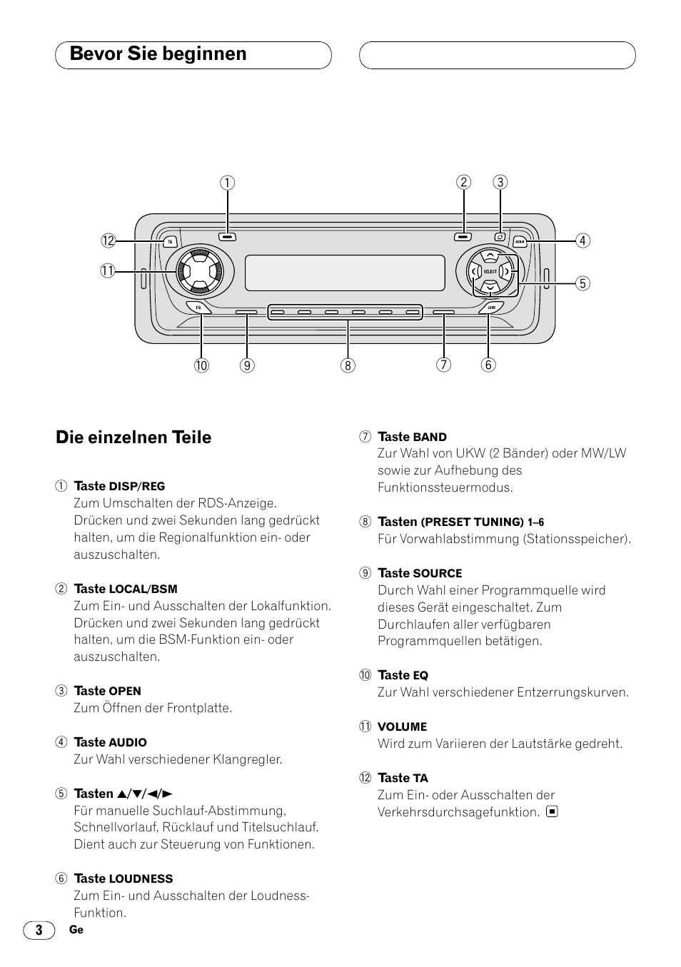 Die einzelnen teile 3, Bevor sie beginnen, Die einzelnen teile | Pioneer DEH-2460R User Manual | Page 44 / 124