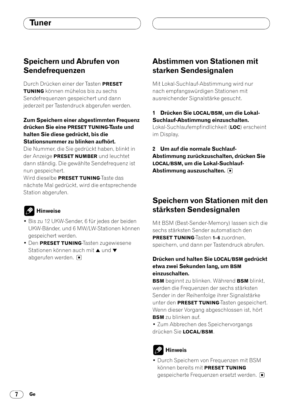 Speichern und abrufen von, Sendefrequenzen 7, Abstimmen von stationen mit starken | Sendesignalen 7, Speichern von stationen mit den stärksten, Tuner, Speichern und abrufen von sendefrequenzen, Abstimmen von stationen mit starken sendesignalen | Pioneer DEH-2460R User Manual | Page 48 / 124