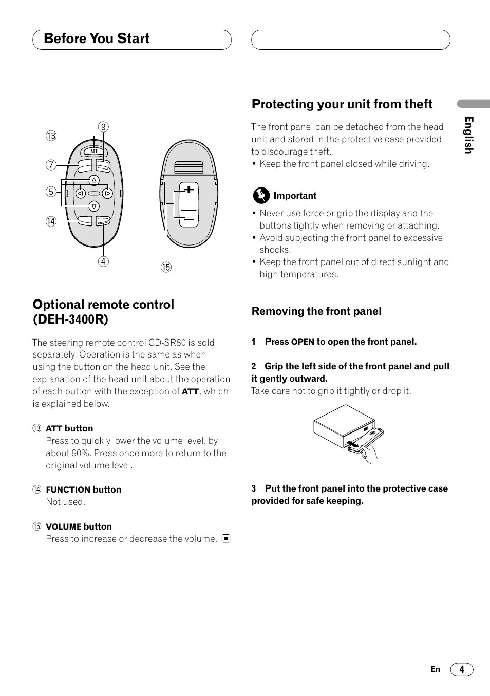 Removing the front panel 4, Before you start, Optional remote control (deh-3400r) | Protecting your unit from theft | Pioneer DEH-2460R User Manual | Page 5 / 124