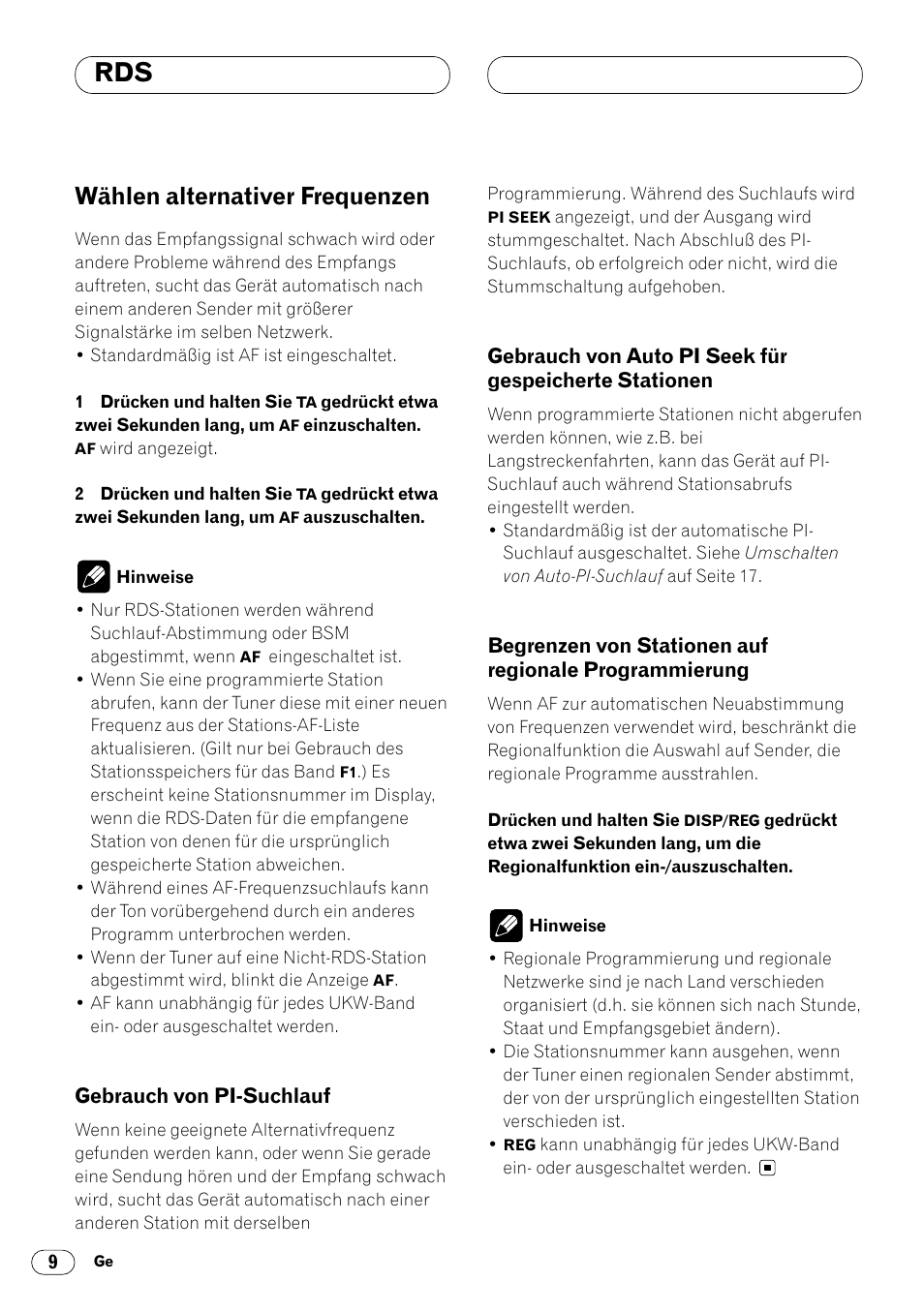 Wählen alternativer frequenzen 9, Gespeicherte stationen 9, Begrenzen von stationen auf regionale | Programmierung 9, Wählen alternativer frequenzen | Pioneer DEH-2460R User Manual | Page 50 / 124