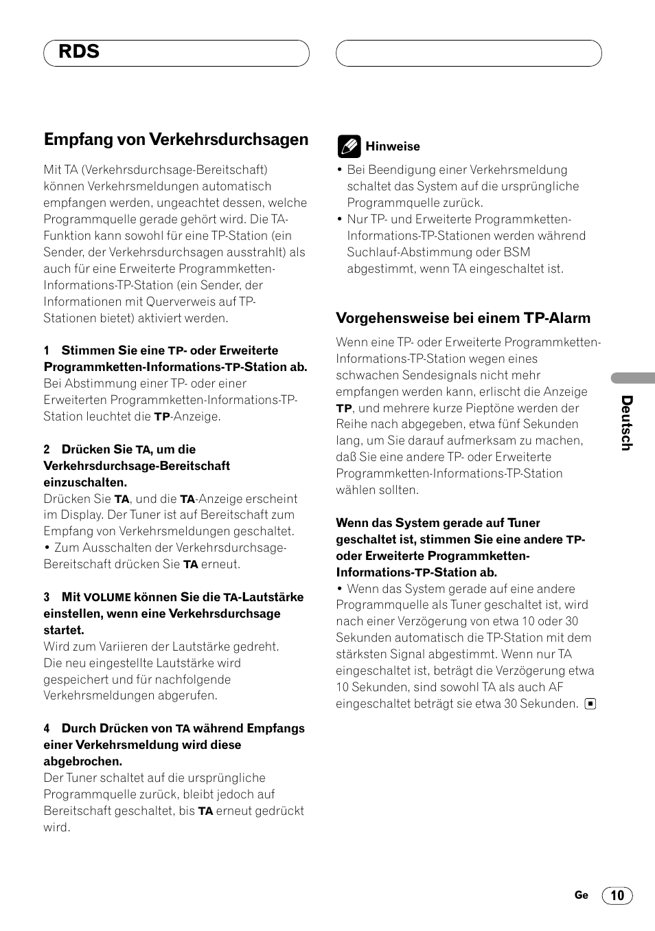 Empfang von verkehrsdurchsagen 10, Vorgehensweise bei einem, Tp-alarm 10 | Empfang von verkehrsdurchsagen | Pioneer DEH-2460R User Manual | Page 51 / 124