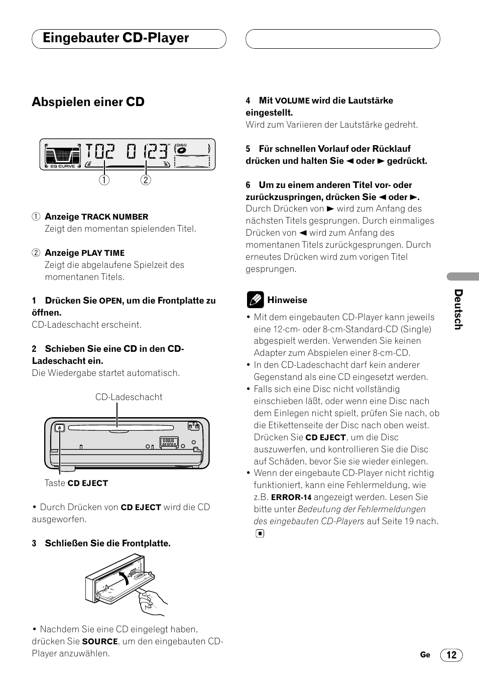 Eingebauter cd-player, Abspielen einer cd 12, Abspielen einer cd | Pioneer DEH-2460R User Manual | Page 53 / 124