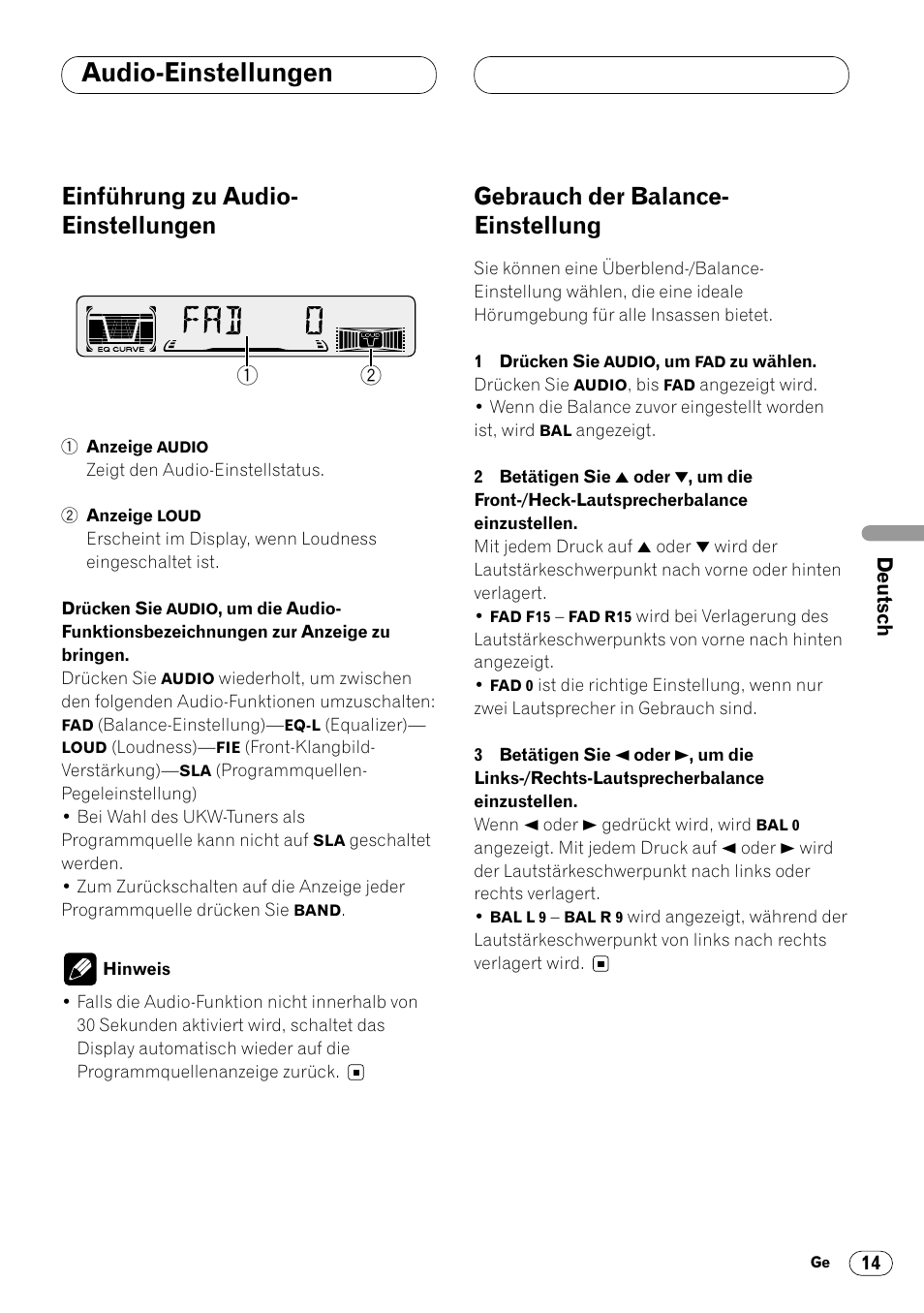 Audio-einstellungen, Einführung zu audio- einstellungen, Gebrauch der balance- einstellung | Pioneer DEH-2460R User Manual | Page 55 / 124