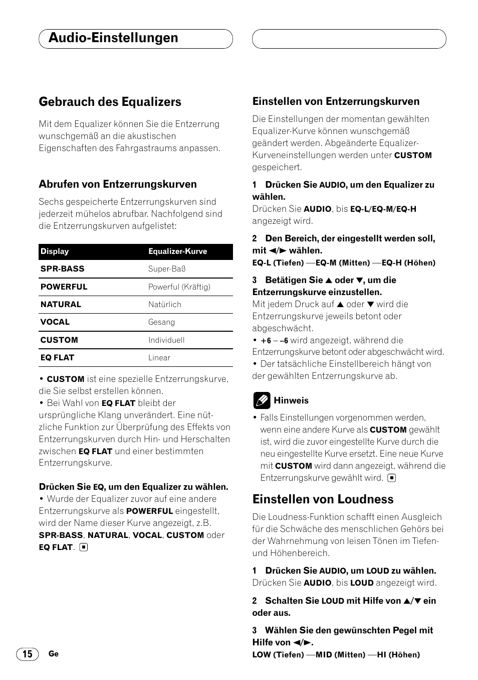 Gebrauch des equalizers 15, Einstellen von loudness 15, Audio-einstellungen | Gebrauch des equalizers, Einstellen von loudness, Abrufen von entzerrungskurven, Einstellen von entzerrungskurven | Pioneer DEH-2460R User Manual | Page 56 / 124